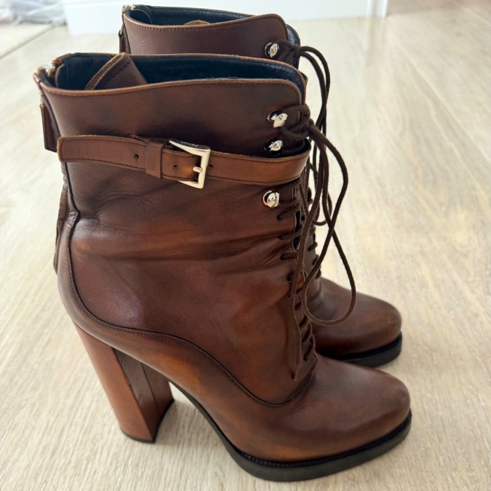 Prada Brandy Burnished Leather Lace-Up boots
